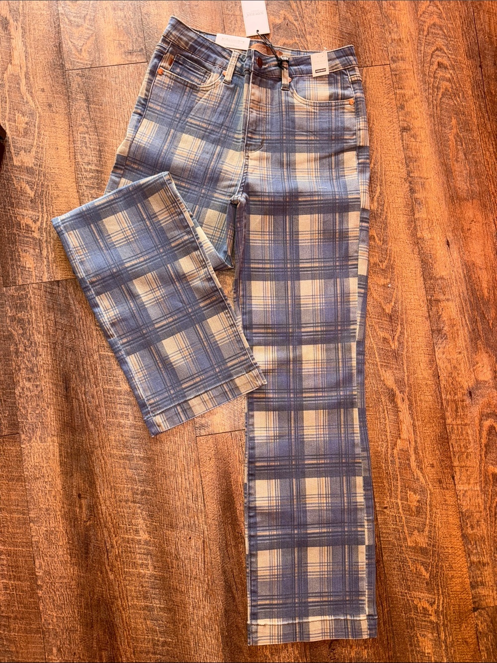 Judy Blue Blue and Cream Plaid Straight Jeans